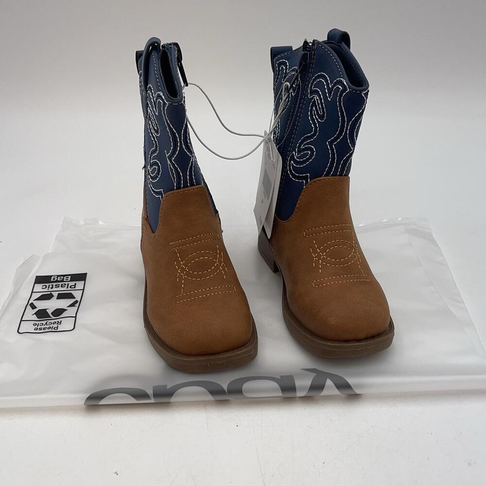 Colorblock Cowboy Western Boots Kids Size 6 Brown Blue Zip Mid Calf Round Toe